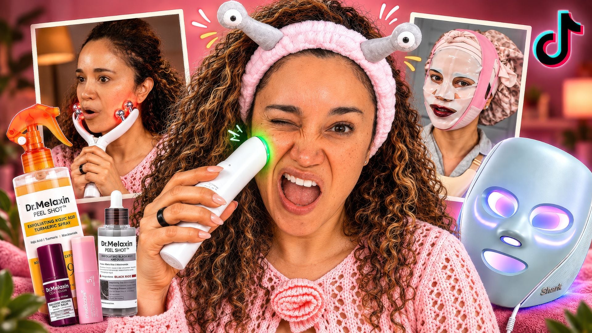 Veronica tries a facial device in a collage of TikTok skincare products, a jaw massager, and her bedtime beauty routine.