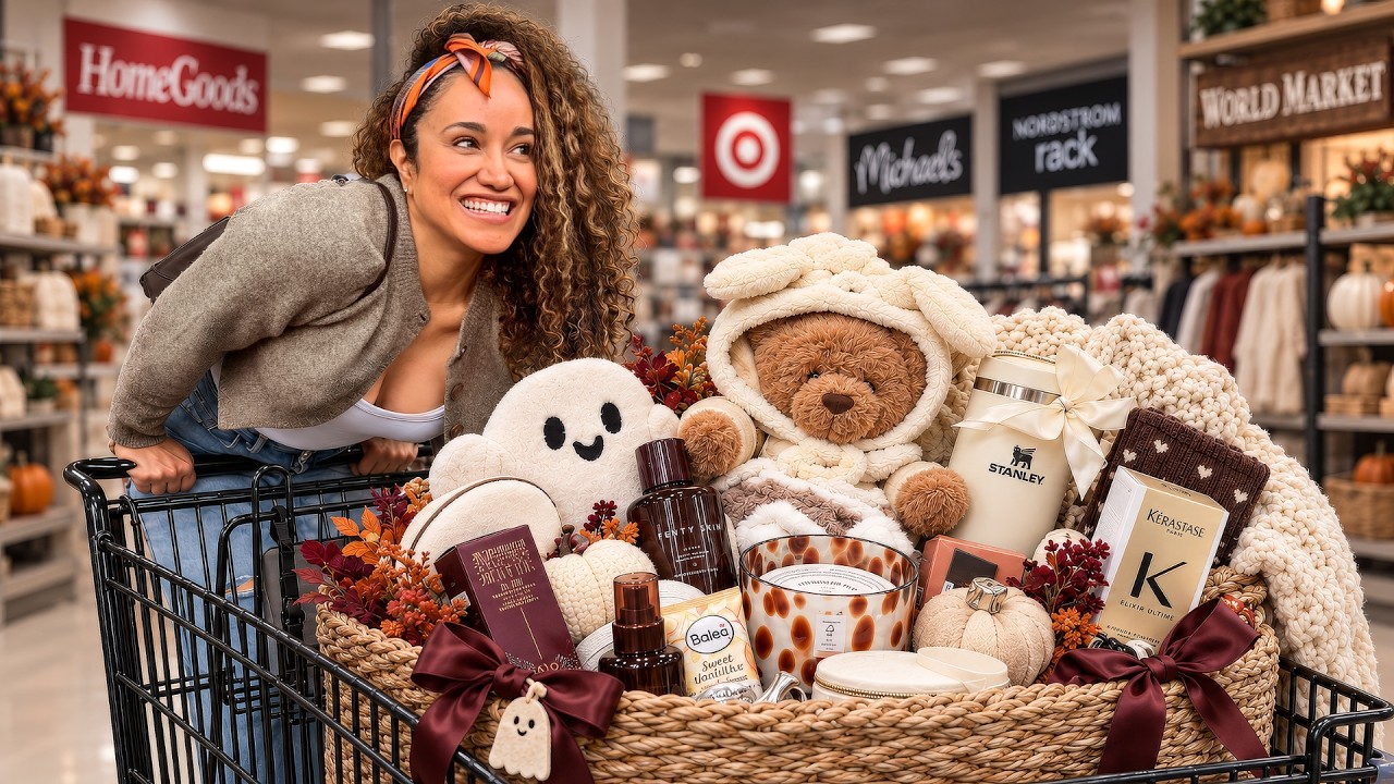 Video thumbnail: Veronica beside a shopping cart filled with Halloween gift baskets, plush toys, cozy gifts, and ribbon.