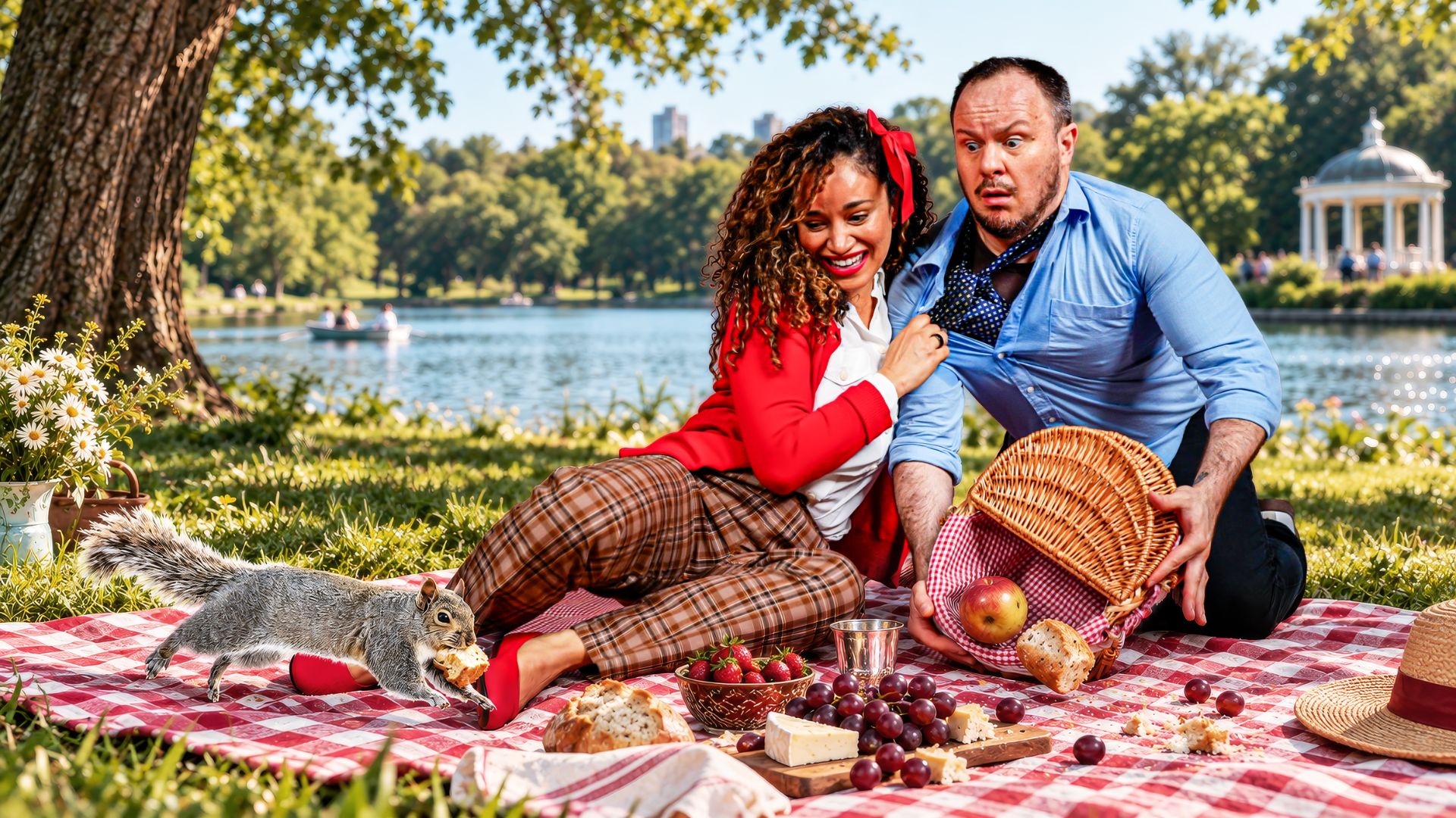 Episode thumbnail: Veronica and Stephen in vintage-inspired outfits on a red picnic blanket, with a basket and a comically large squirrel holding bread.