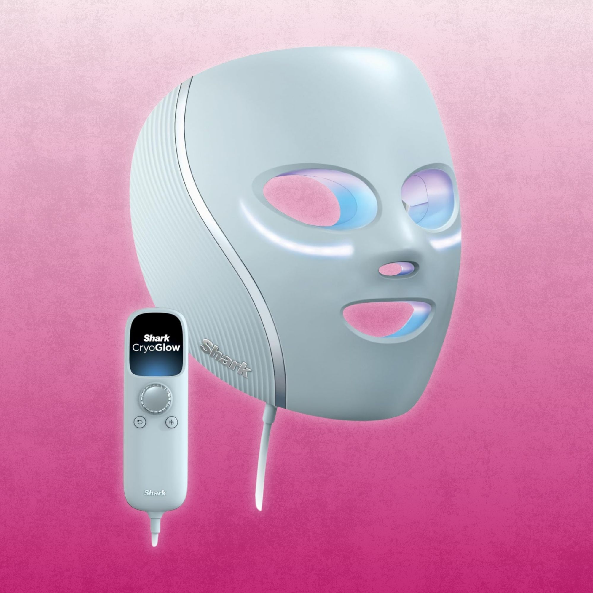 Blue Shark CryoGlow LED face mask and handheld controller on a pink background.