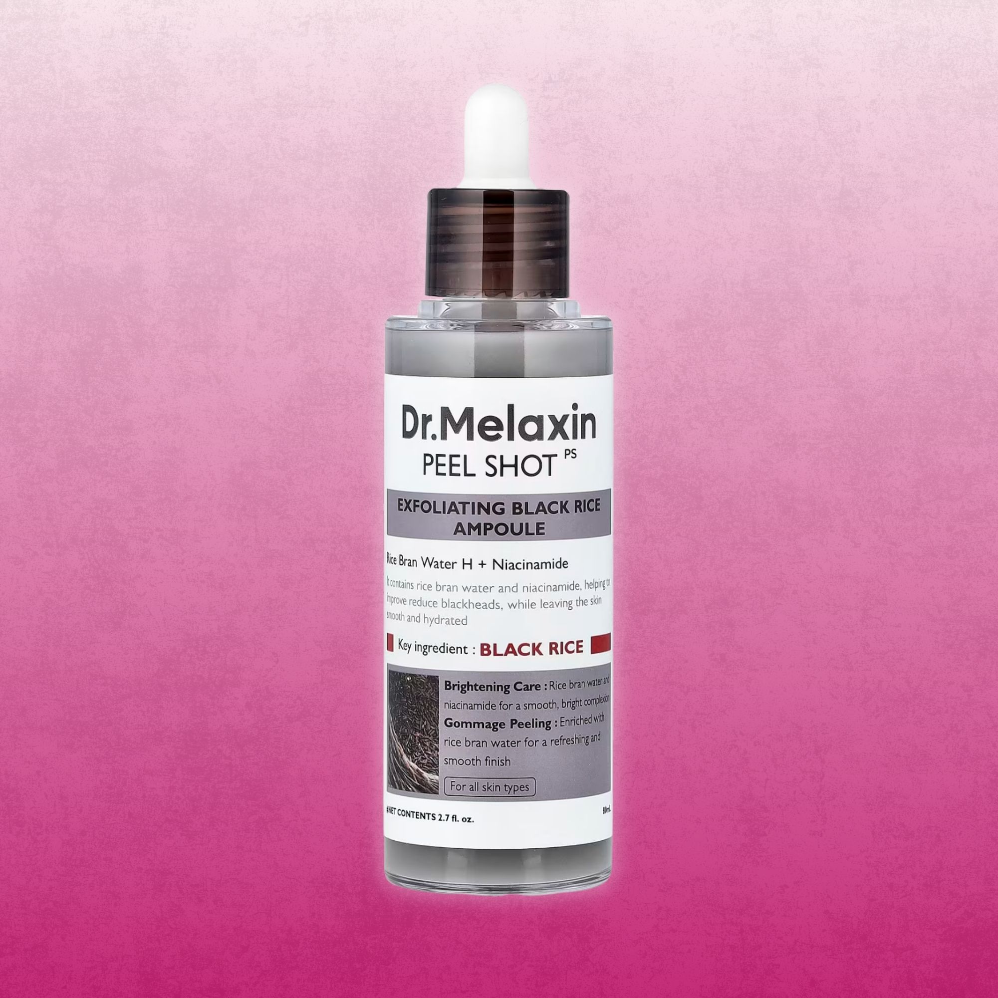 Dr.Melaxin Peel Shot Black Rice dropper bottle on a pink background.