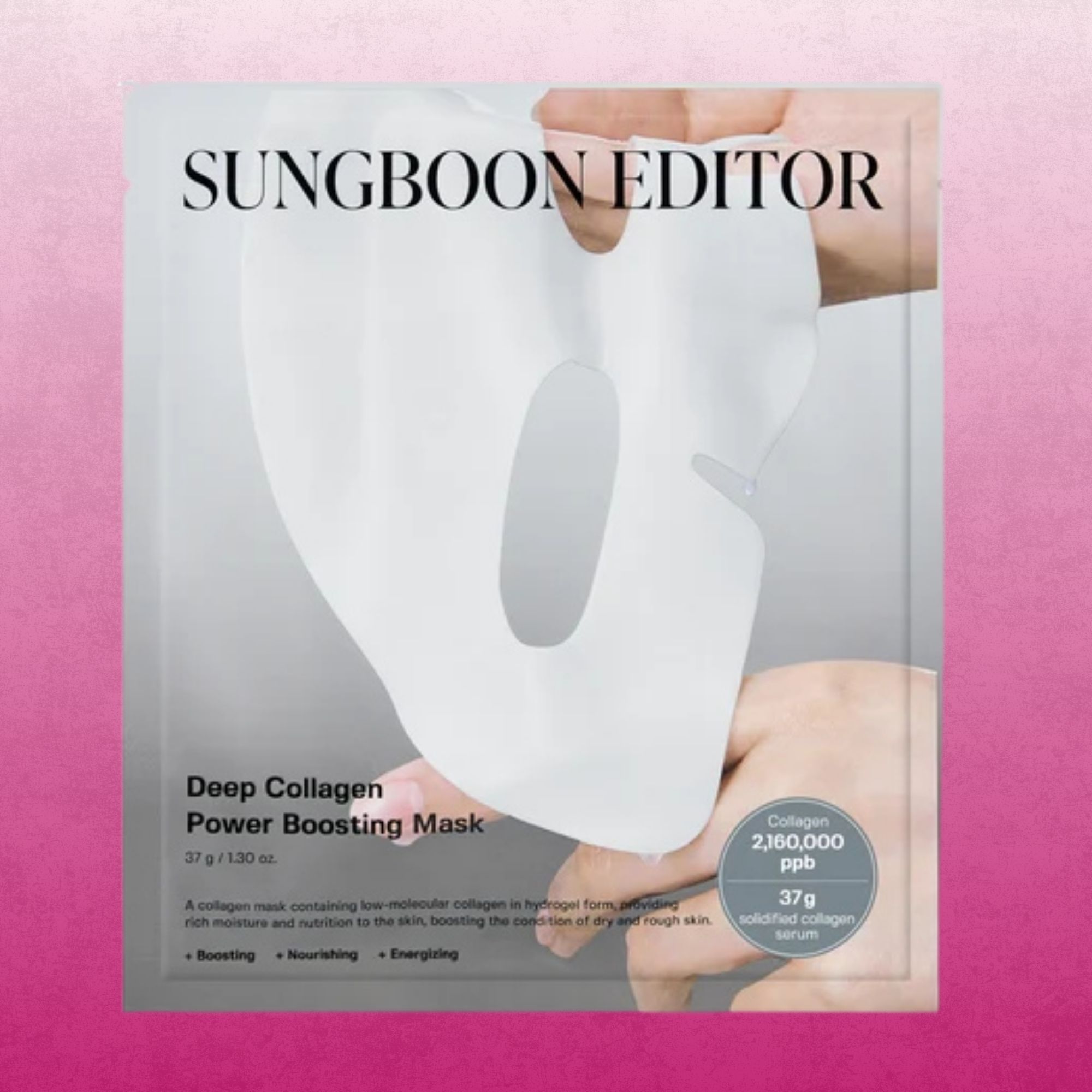 SUNGBOON EDITOR Deep Collagen Power Boosting Mask package on a pink background.