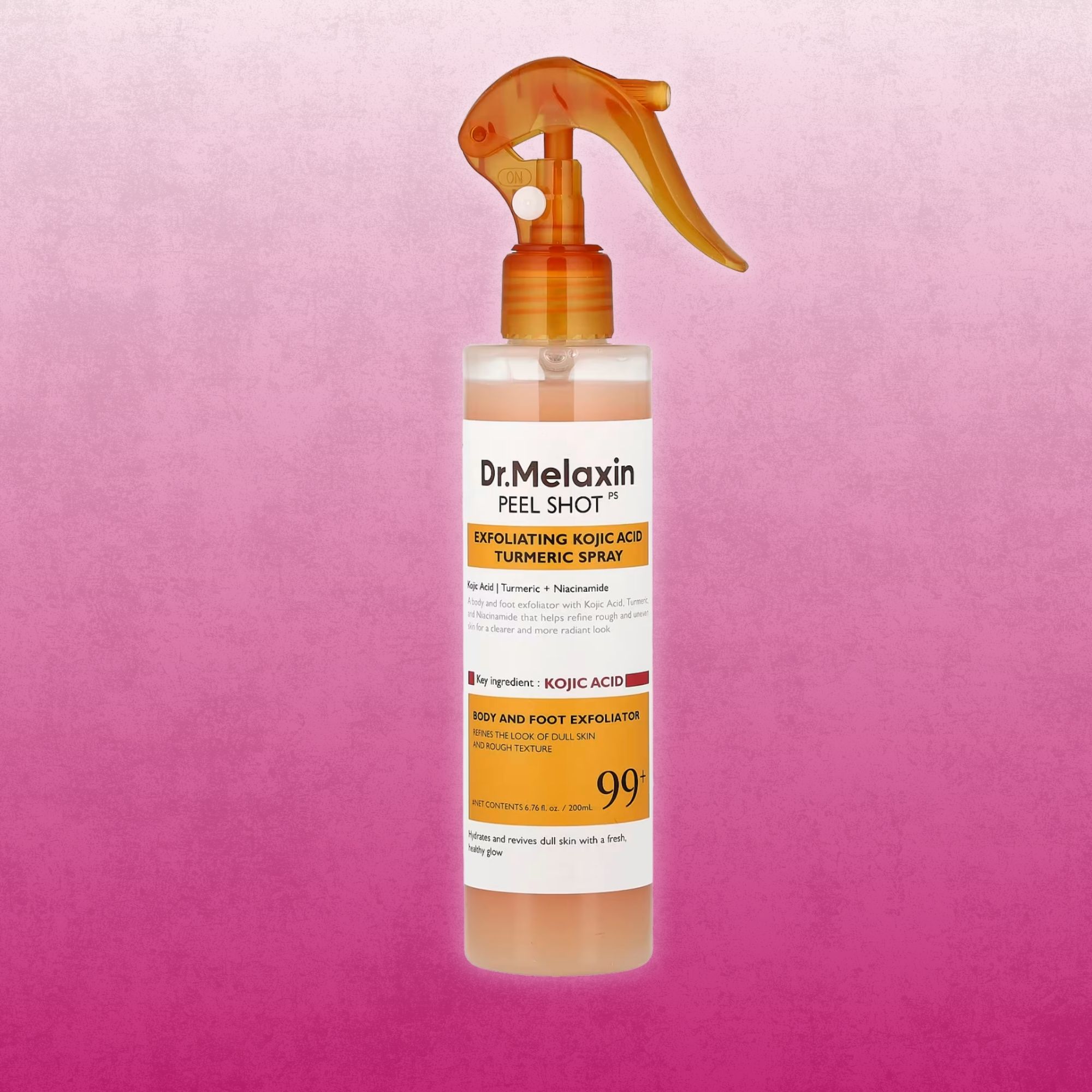 Dr.Melaxin Peel Shot Kojic Acid Turmeric spray bottle on a pink background.